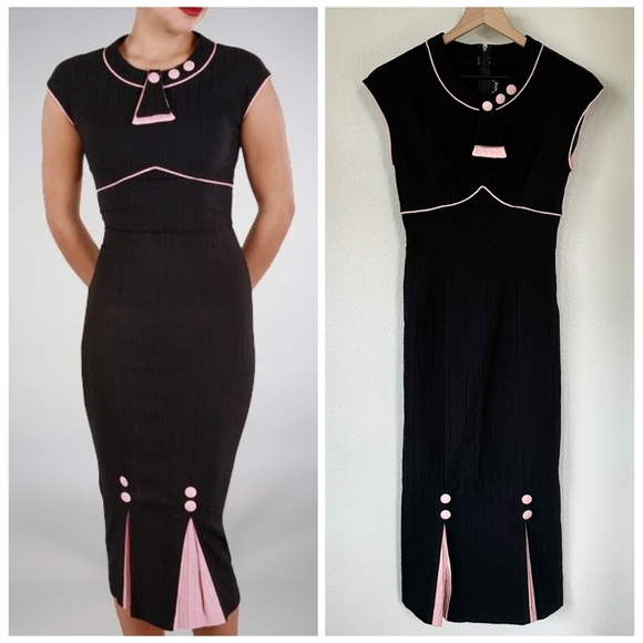 STOP STARING! L / 6 4 Vintage Retro Pinup Glam 30s Style Pencil Dress Black Pink - Picture 8 of 10